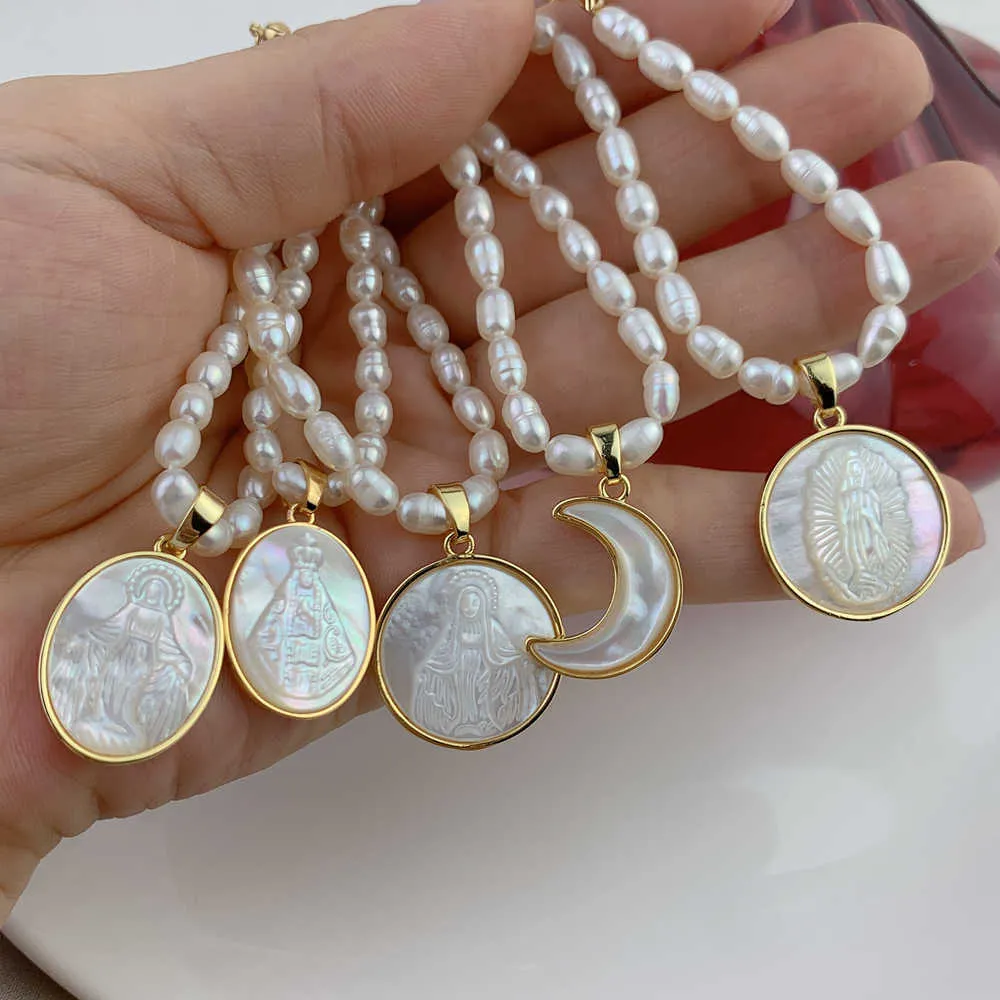 Colliers ras de cou en perles d'eau douce pour femmes, coquille de vadrouille naturelle, sainte vierge marie Guadalupe, pendentif de médaille religieuse 2109294227461