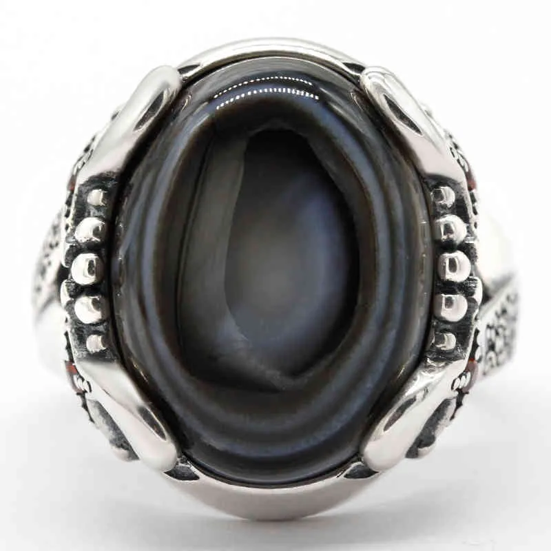 Solid 925 Silver Evil Eye Natural Agate Stone Auspicious Goat Signet for Women Men Luxury Vintage Party Ring Onyx
