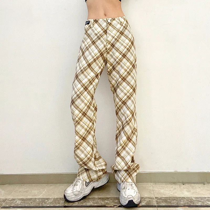 Pantalones a cuadros Mujeres Primavera Verano Casual Chic Oversize Suelto Pantalones de pierna ancha Ins Retro Adolescentes Harajuku Hip-Hop All-Match 210524
