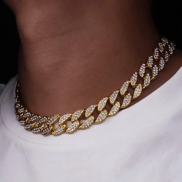 15 mm 8–30 Zoll lange Halskette in drei Farben, personalisierbar, Gold, Silber, Hip Hop, Bling-Diamant, kubanische Gliederkette, Halskette für Männer, Miami Rapper 310I