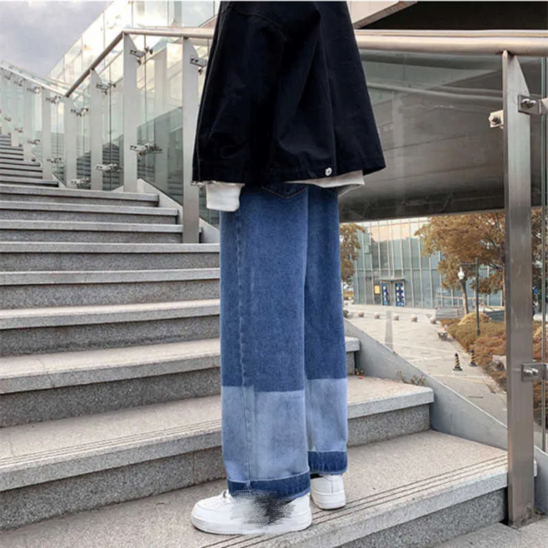 Män jeans denim patchwork gradient färg rakt bred ben lös plus storlek 3xl mode casual studenter streetwear all-match ny x0621