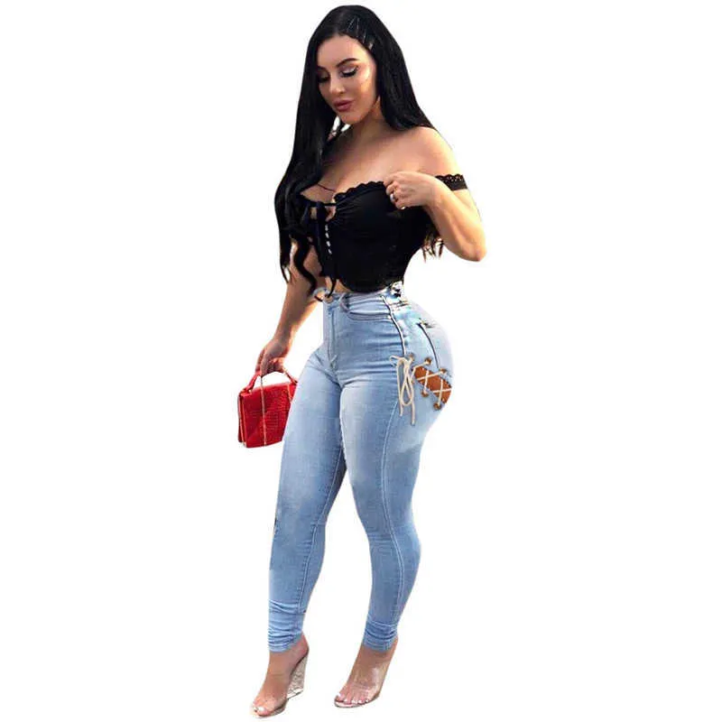 Pantalon slim pour femmes Broeken Lace Up Jeans Sexy Taille haute Streetwear Denim Jeggings en gros Drop 210925