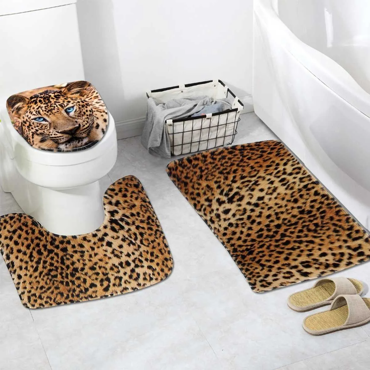 Set Leopard Printed Non-Slip Bathroom Toilet Pedestal Rug Floor Mat Toilet Lid Cover Waterproof Floor Mat Bathroom Decor 210724