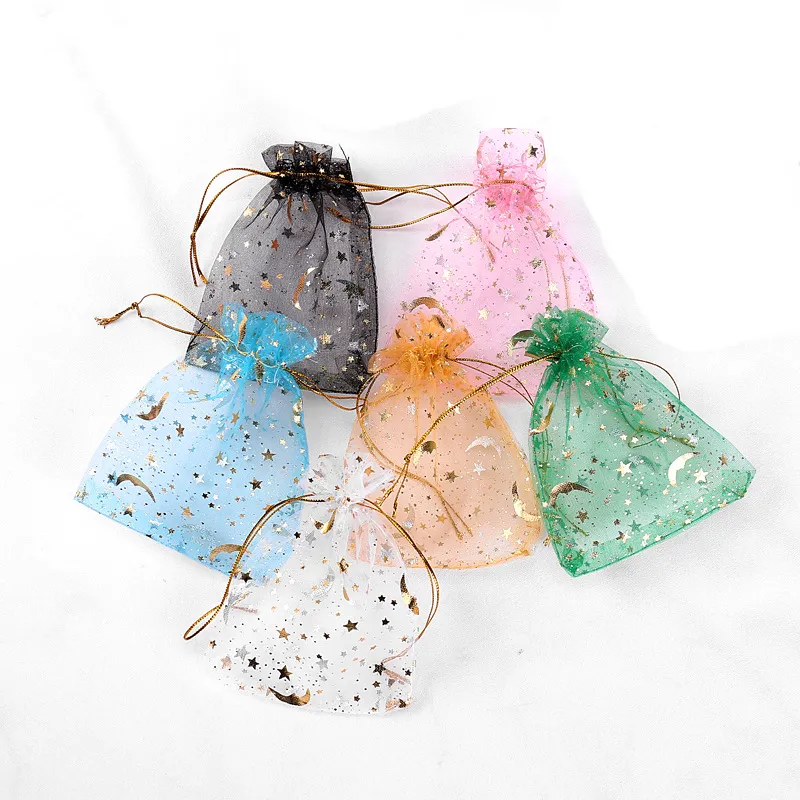 Drawstring Pouches Bags for Jewelry Organza Pouch Gold Moon Star Transparent Mesh Wedding Christmas Gifts Package Portable Storage221e