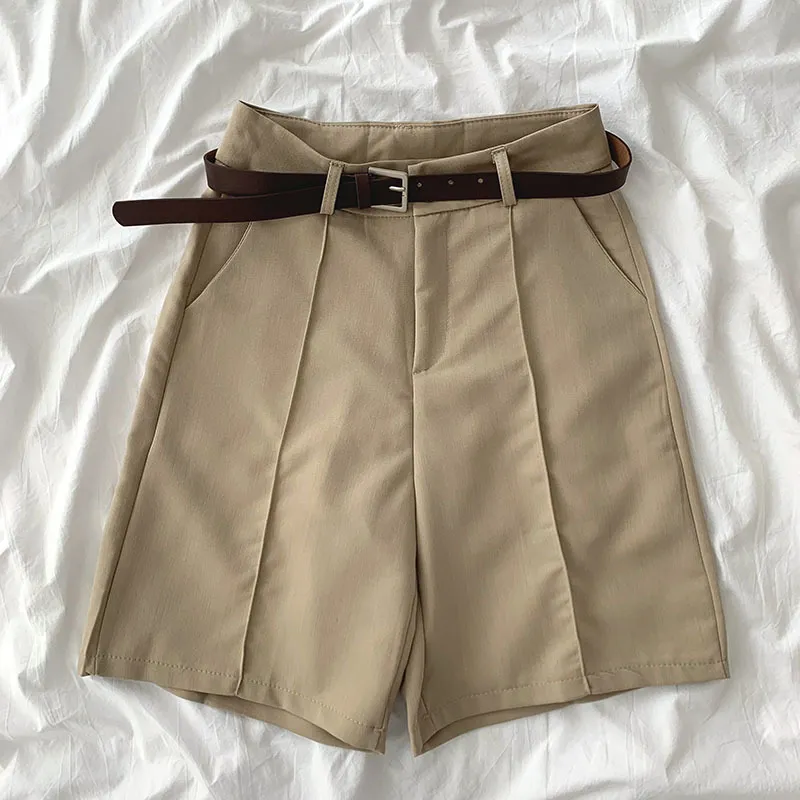 Kimutomo solide pantalons décontractés dames mode printemps coréen poches lâches haute Wasit jambe large genou longueur pantalon ceinture 210521