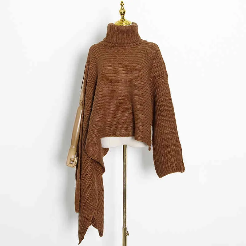 VHH Asymetryczny sweter dla kobiet Turtleneck Batwing z długim rękawem Split Casual Luźne swetry Kobiet Moda Odzież Styl 210421
