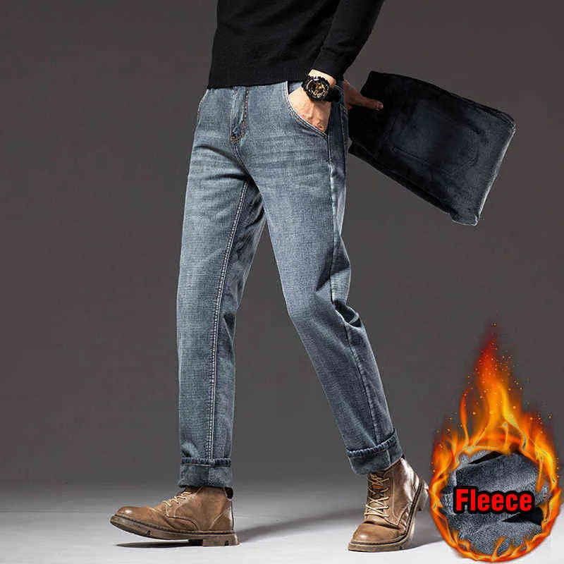 Jeans invernali da uomo in pile caldo stile classico business casual vestibilità regolare addensare pantaloni in denim elasticizzato pantaloni di marca maschile 211124