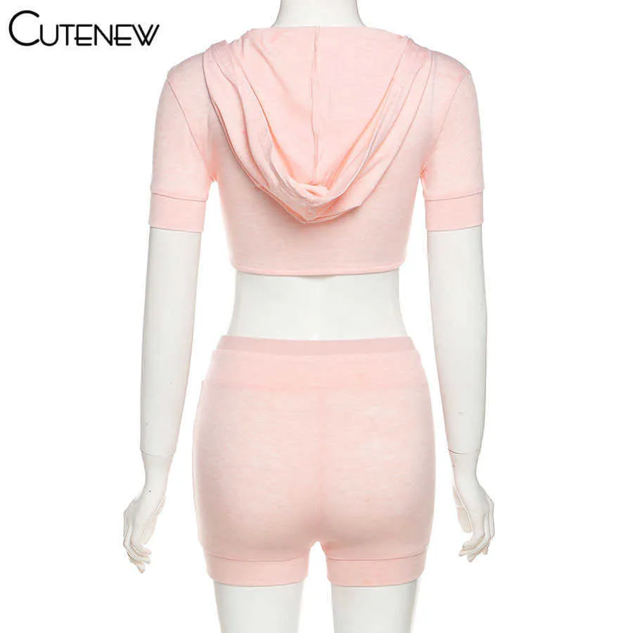 Cutenew Solid Color Tracksuit Siet a due pezzi Giacca con cappuccio casual+Shorts Coording Suit Classic Sportswear Female Outfit Hot Y0702