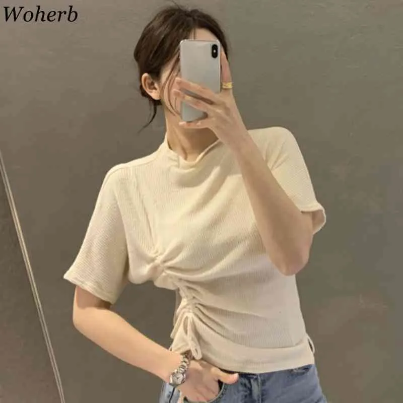 Shirts for Women Vintage Drawstring Tshirts Ropa Mujer Half Turtleneck Knitted Tees Summer Thin Tops Female 95666 210519