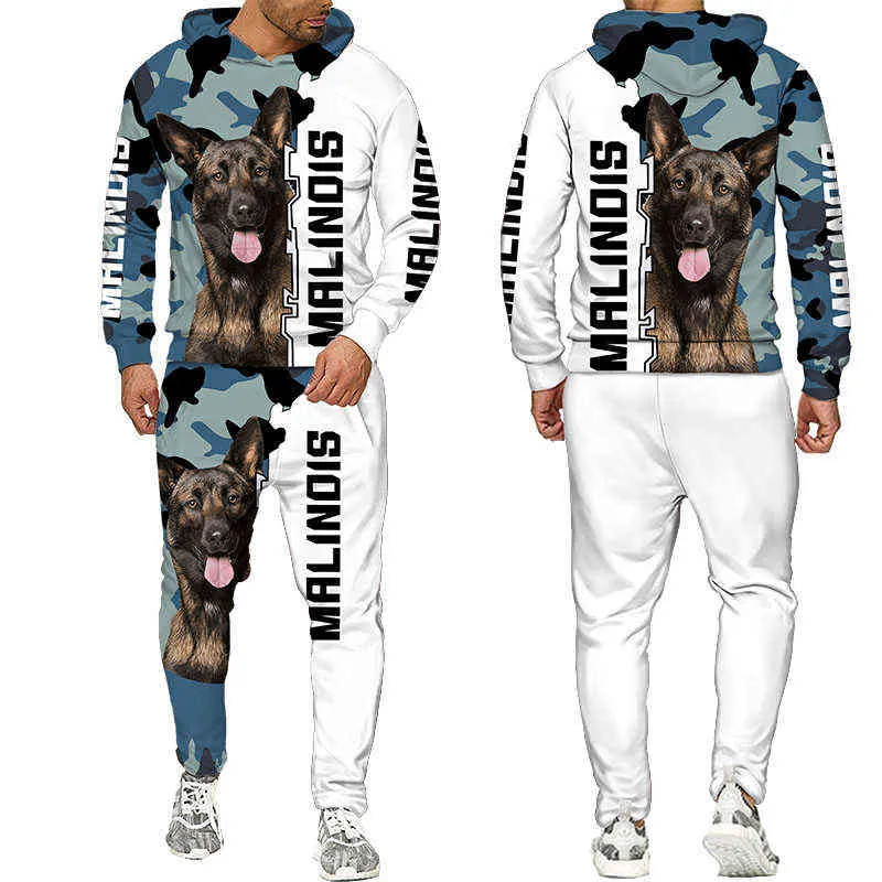 Rottweiler Köpek 3D Baskılı Hoodie Sweatpants Erkek Sonbahar Kış Rahat Sweashirts Erkekler Eşofman Seti Moda erkek Giyim Suit 211220