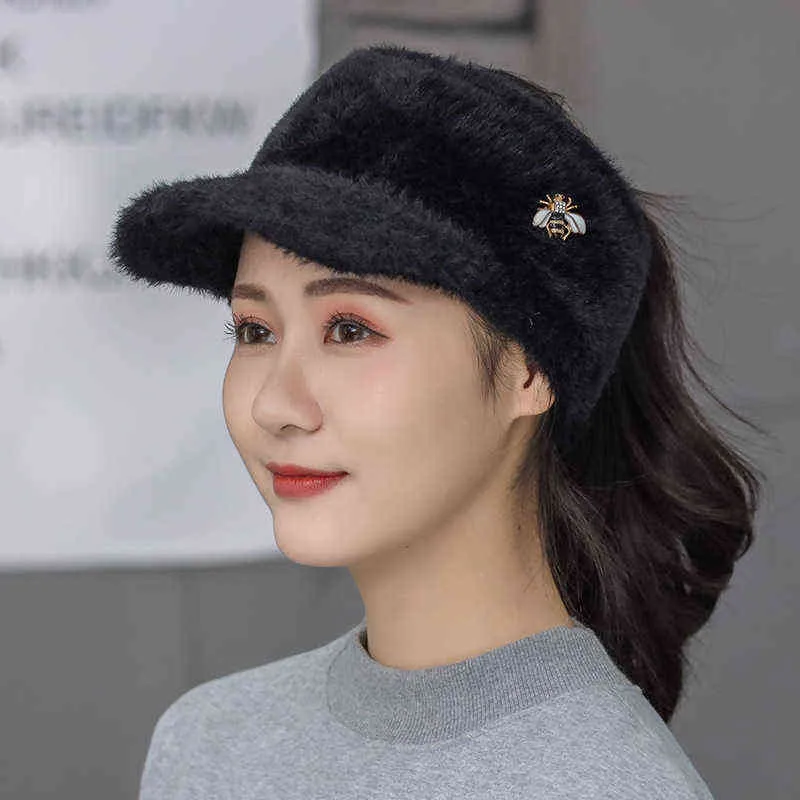 Woman Girl Mink Hair Visor Cap Bee Knitted Autumn Winter Hat Solid Color Elastic Cycling Running Golf Empty Top Cap 2111225848607