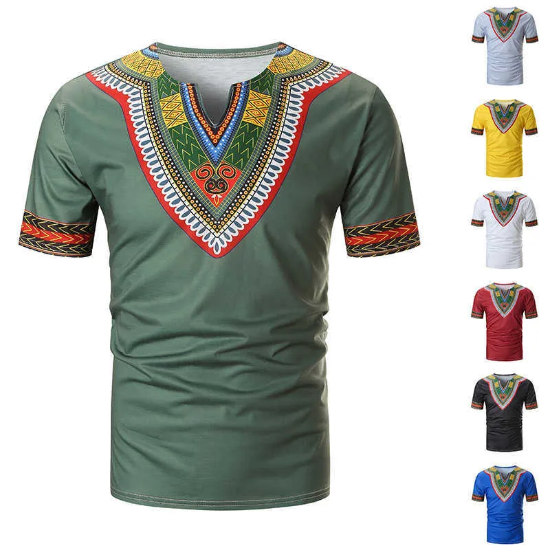 Arrivé Folk-Custom T-shirts Hommes Été Casual Africain Imprimer V Col Pull À Manches Courtes T-shirt Top Blouse Camiseta 210707