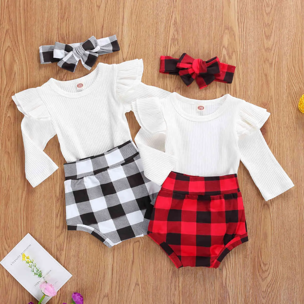 0-18m Julfödd spädbarnsflickor Röd Kläder Set Höst Stickad Romper Plaid Shorts Headband Xmas Outfits 210515