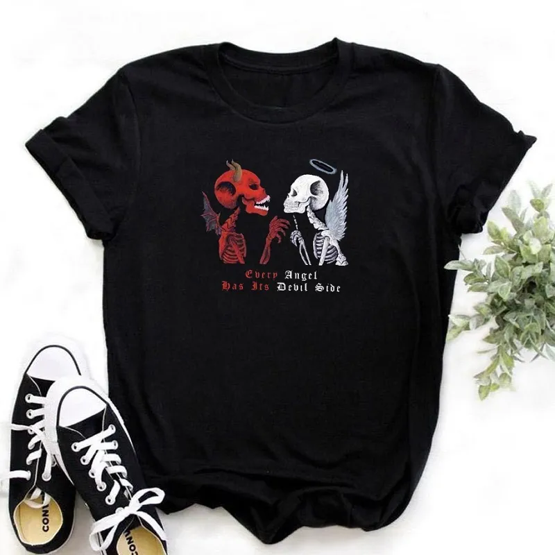 Angel Devil Gothic T-Shirt Women's Skeleton Print Grunge Aesthetic Goth T Shirt Dark Edgy Fashion Streetwear Graphic Tee 210518