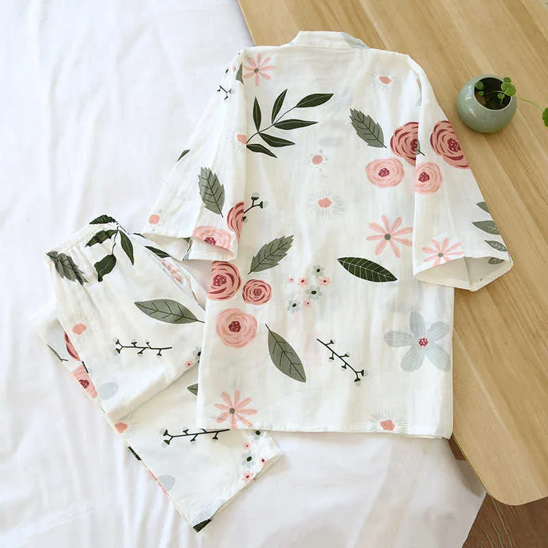 Japanese kimono suit pajamas spring and summer ladies cotton three-quarter sleeves big flowers home clothes thin loose 210809