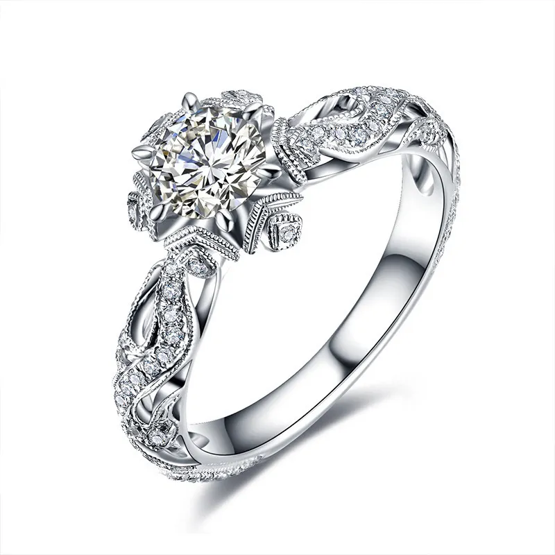 Brautring mit rundem, brillantem 1-Karat-Diamant in Krappenfassung, Jahrestag, Verlobung, Hochzeit, Weißgoldringe für Frauen