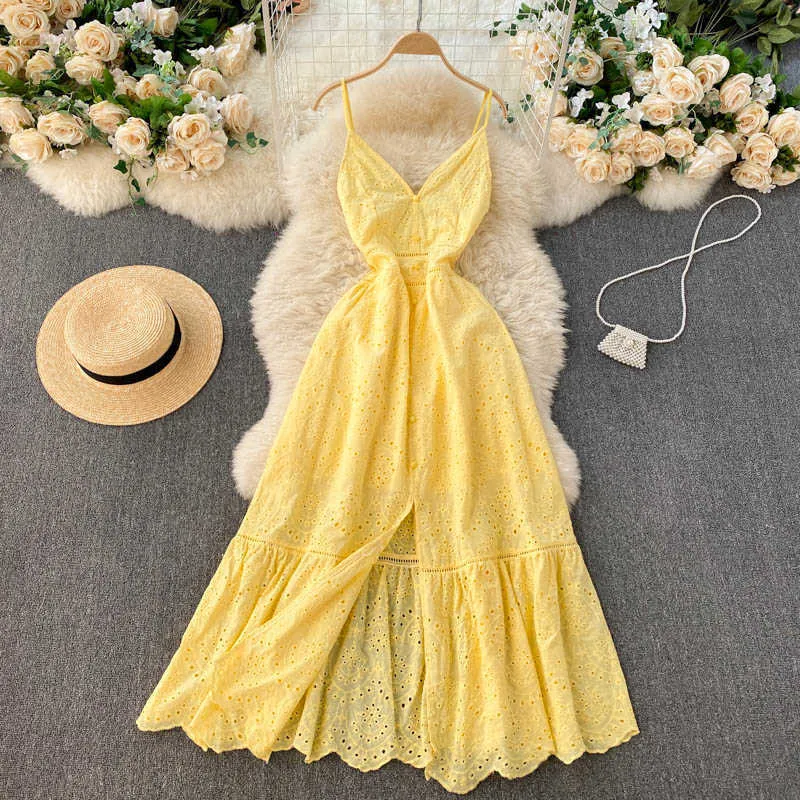 Bohemian Summer Beach Hollow Out Long Dress Sexy Women V-Neck High Waist Single Breasted A-Line Big Swing Vestidos 2021 New Robe Y0603