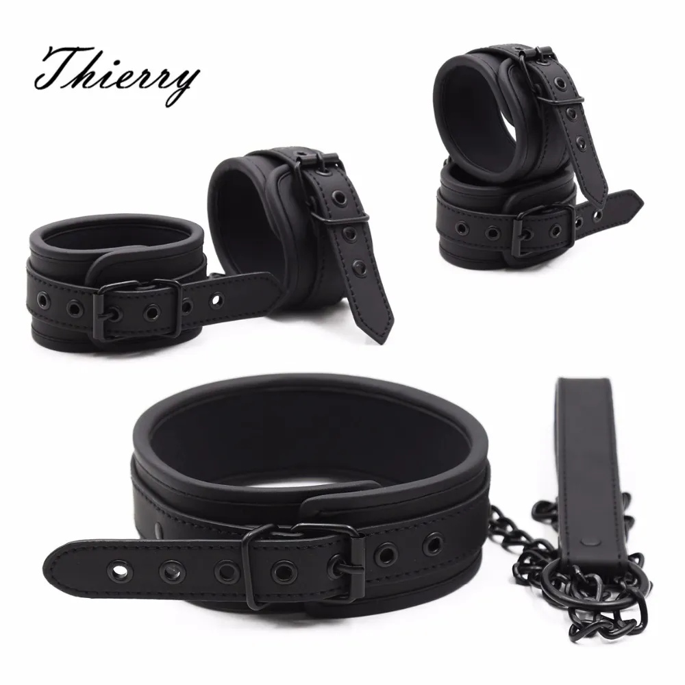 Thierry PU Leather SM prodotti Polsini alla caviglia Polsini Collo Collare Set, BDSM Bondage sesso, Accessori cosplay