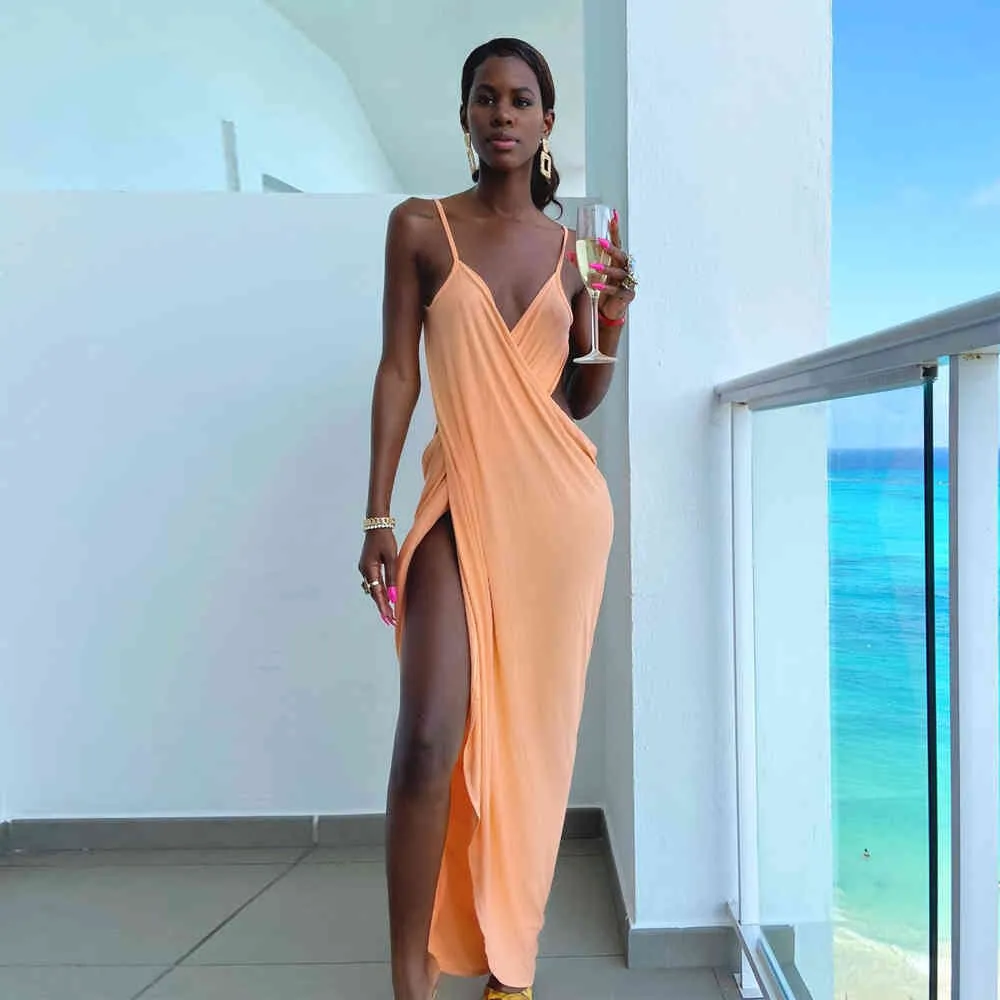 Women Spaghetti Straps Backless Maxi Dresses Beach Holiday Wrap Gown Sexy Asymmetrical Long Dress Summer Party Prom Clothes 210517