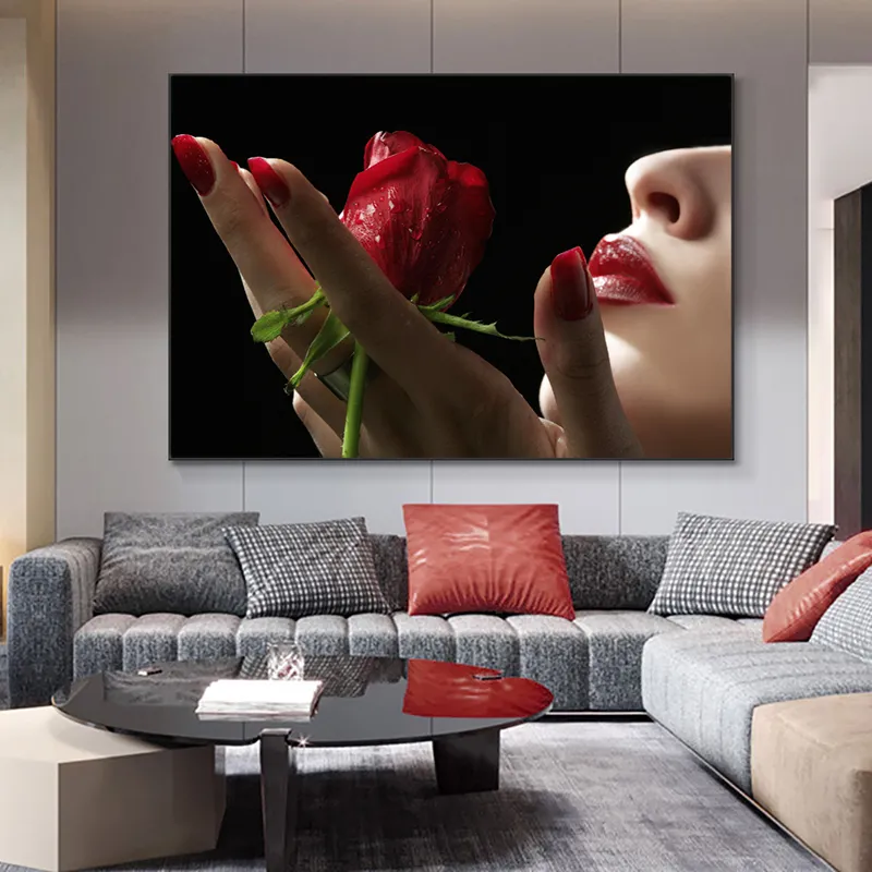 RELIABLI Rote Rose Poster Frau Lippen HD Bilder Leinwand Malerei Wandkunst Für Wohnzimmer Porträt Home Dekoration KEIN RAHMEN