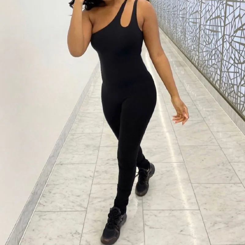 Sporty One Shoulder Women Rompers Overalls Simple Solid Sleeveless Bodycon Hip-lifting Workout Gym Casual Jumpsuit Long Trousers 210517