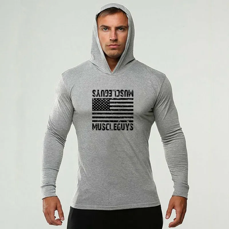 MuscleGuys Vücut Geliştirme Uzun Kollu T Gömlek Erkekler Egzersiz Pamuk Slim Fit Kapşonlu T-shirt Erkek Spor Salonu Egzersiz Jogger Fitness Giyim 210421