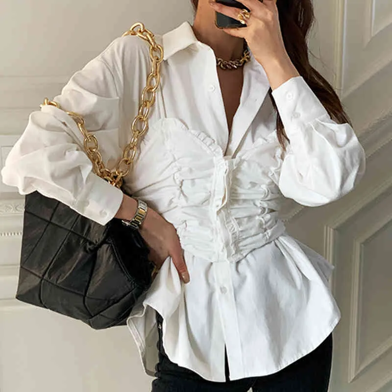 Ezgaga Blouse Women French Style Elegant Turn-Down Collar Button Patchwork Irregular Pleated Slim Waist White Shirts Fashion 210430