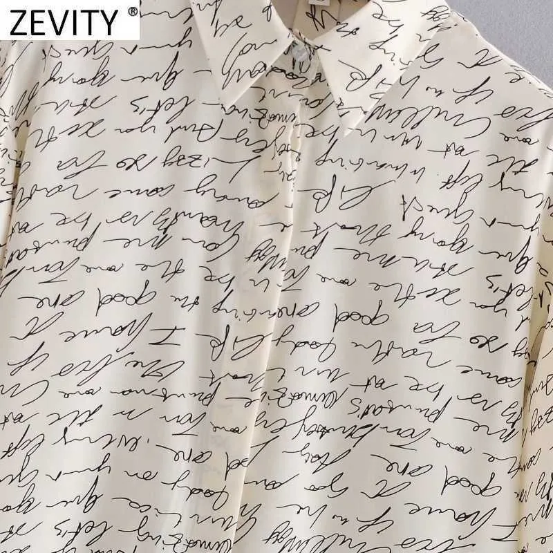 Zevity Kvinnor Vintage Handskriven Brev Utskrift Casual Smock Blouse Office Lady Business Shirt Chic Chiffon Blusa Tops LS9049 210603