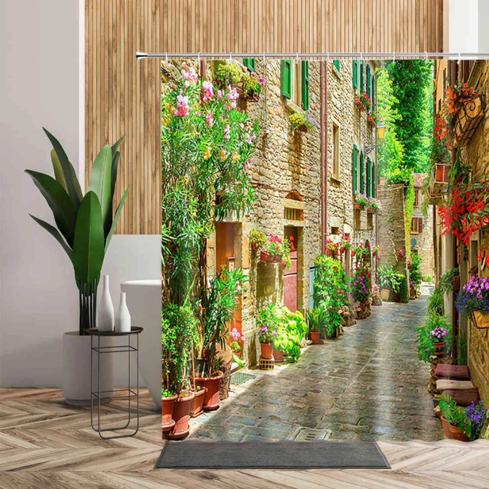 Garden Street Shower Curtains Colorful Flower Alley Printed 3D Bathroom Curtain Set Waterproof Home Bath Accessories With Hooks 211116