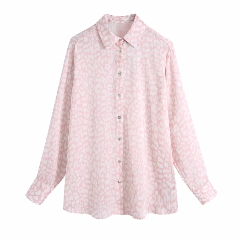 Women Leopard Print Long Sleeve Pink Shirt Female Turndown Collar Blouse Casual Lady Loose Tops Blusas S8732 210430