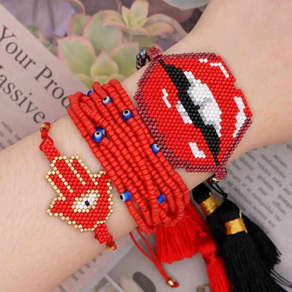 Go2boho Sexy Lippenarmband Damen Miyuki Glasperlen Armbänder Türkisches Auge Pulseras Hamsa Hand verstellbarer handgefertigter Quastenschmuck