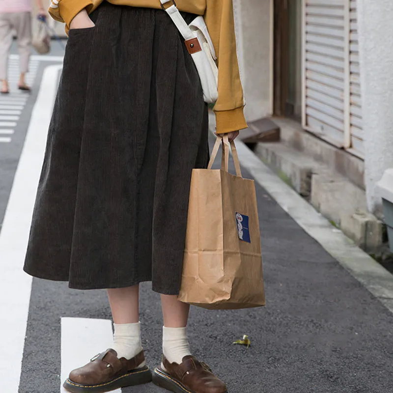 Hiver chaud velours côtelé Vintage élastique taille haute longue jupe femmes poche jupe plissée mode coréenne ample Midi Femme 210421