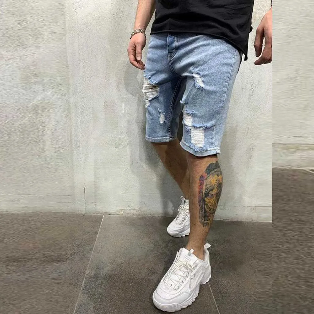 Coole kurze Jeans Street Herren Reißverschlusstasche Denim Hosen Baumwolle Multi-Pocket Shorts Ripped Fashion Hose Männer Kleidung 210714