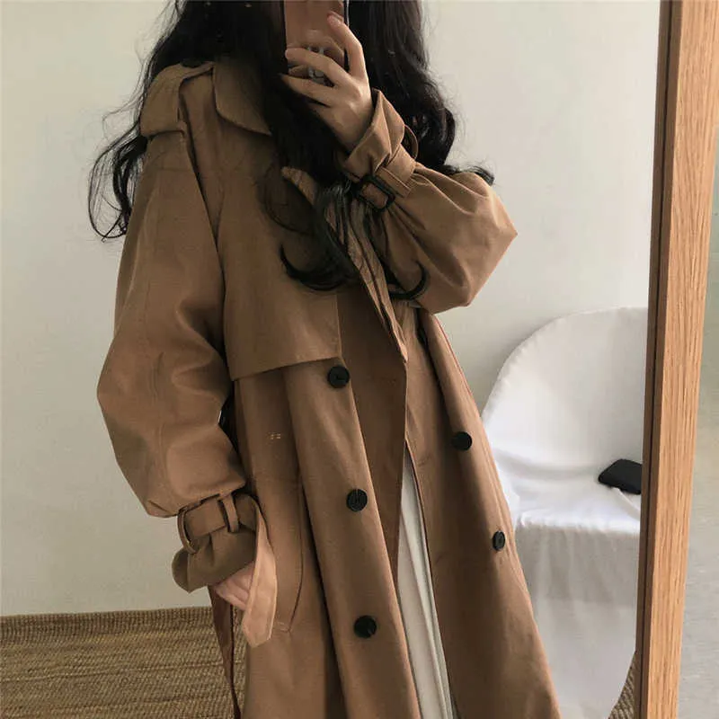 Aelegantmis Vintage Lose Trenchcoat Frauen Koreanische Beiläufige Lange Oberbekleidung mit Gürtel Mode Zweireiher Windjacke Weibliche OL 210607