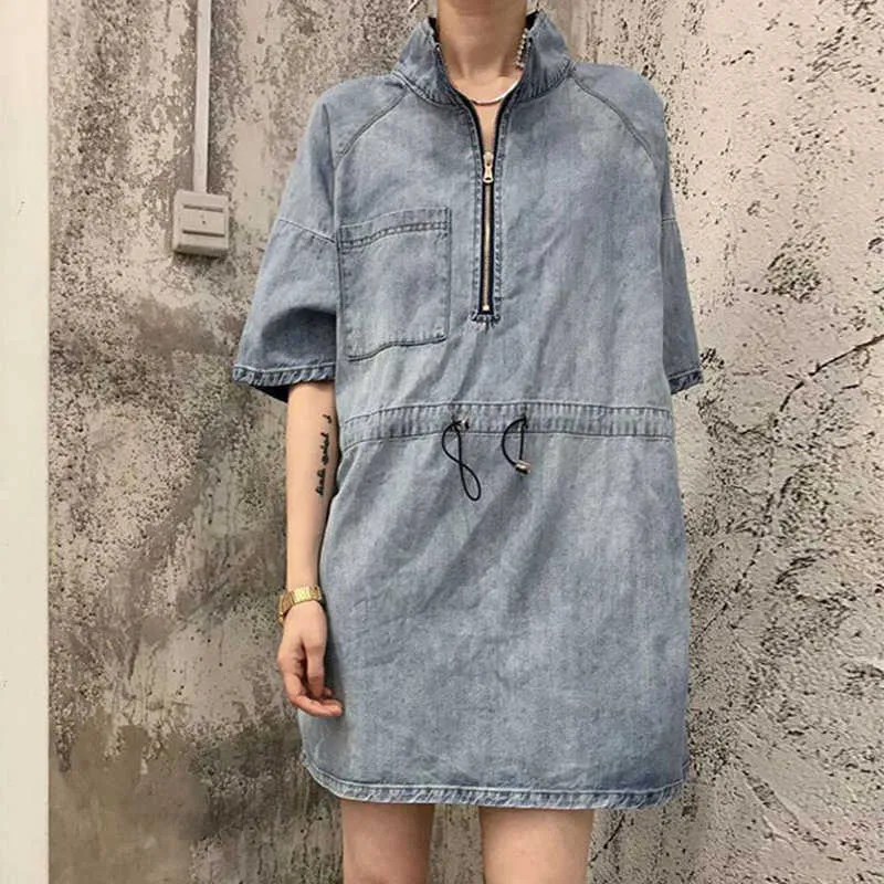 Ly Varey Lin Spring Summer Women Casual Denim Dress Fashion Zipper Stand Collar Drawstring Justerbar midja 210526