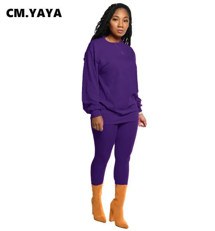CM.Yaya Aktywny dymu Dwa 2 sztuka Zestaw Dla Kobiet Winter Fitness Outfit Crewneck Bluza + Legging Spodnie Dopasowanie Dres 210930