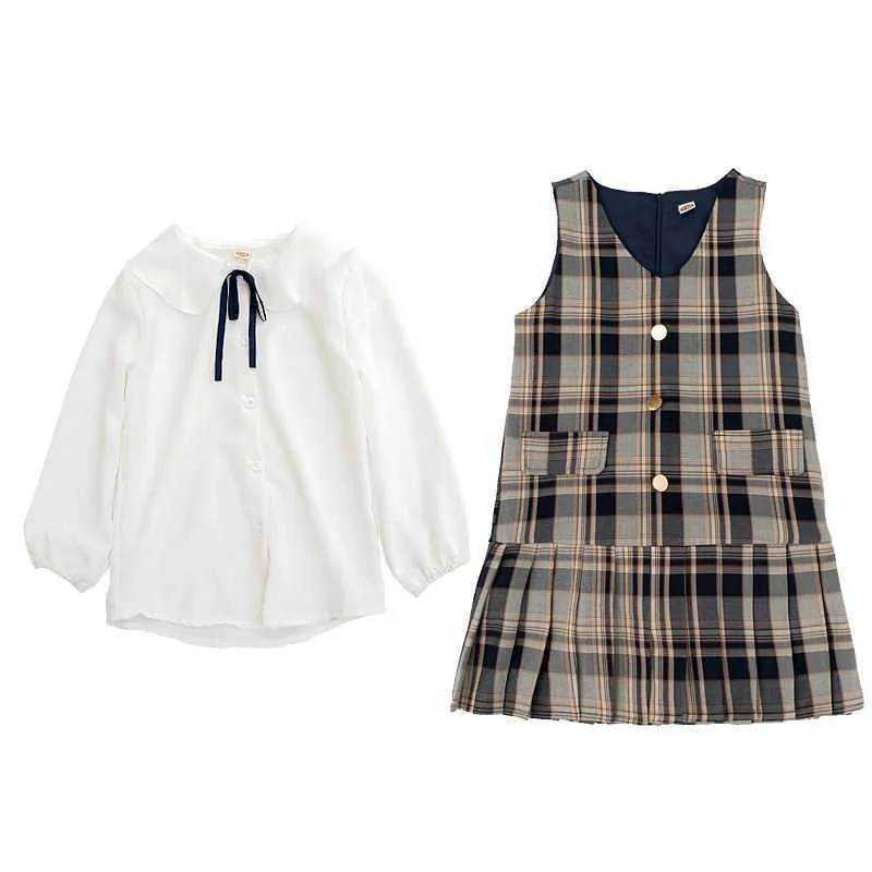Teenage Girl Dress Suit Höst Vit Chiffon Blus + Plaid Vest Girls Kläder Ställ Barnkläder 4-12T E3533 210610
