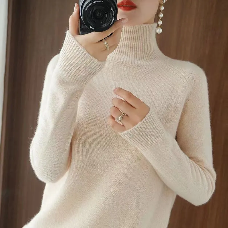 Дизайнерский женский кашемировый свитер с высоким воротником, осенне-зимний однотонный вязаный джемпер, женский повседневный базовый пуловер, свитер