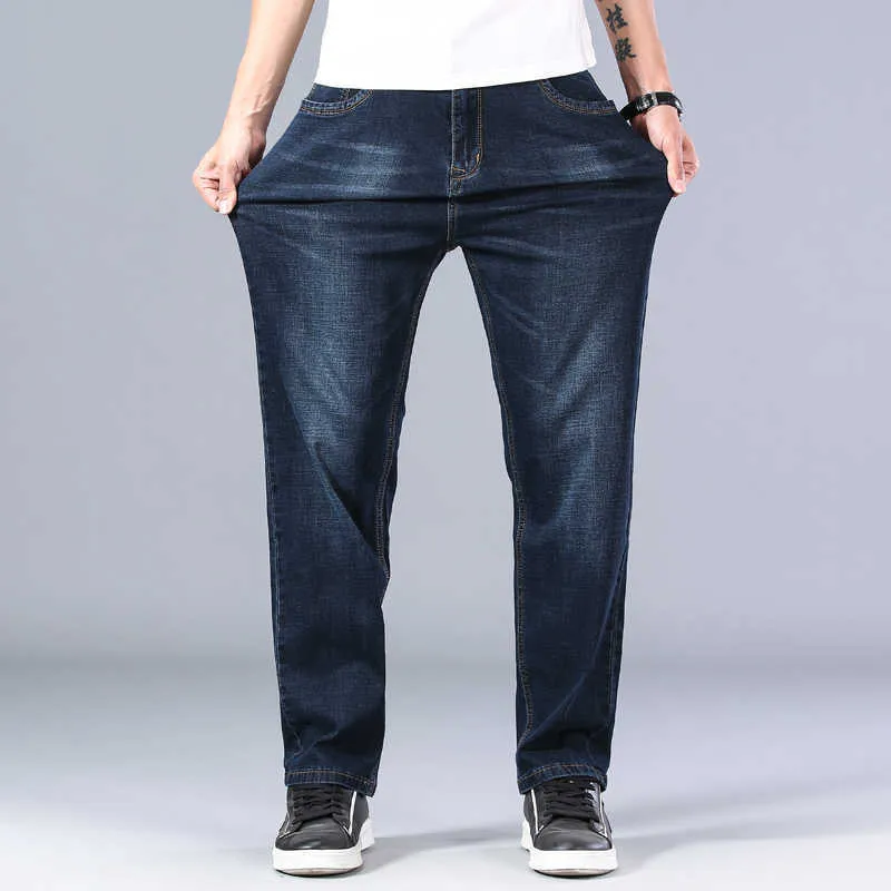Printemps été classique marque léger droit ample hommes Denim Jeans haute qualité bleu foncé mince grande taille 30-44 210716
