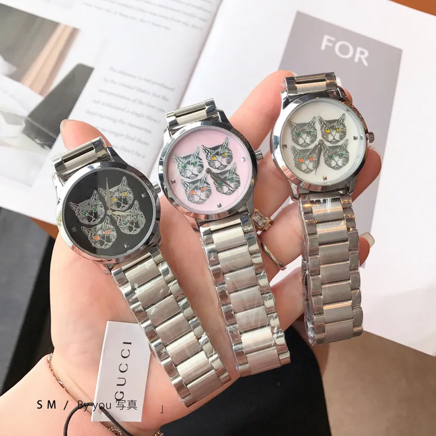 Modemarke Uhren für Frauen Lady Gril Cat Stil Edelstahlband Quarz-Armbanduhr G912351