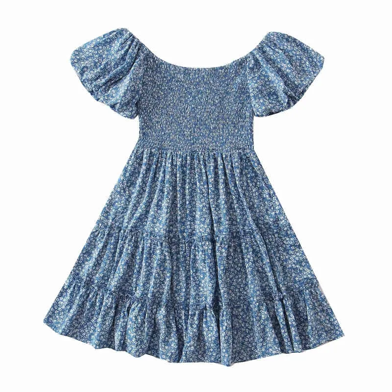 Casual azul elástico estampado fuera del hombro vestido verano moda señoras Puff manga es mujer dulce vacaciones 210515