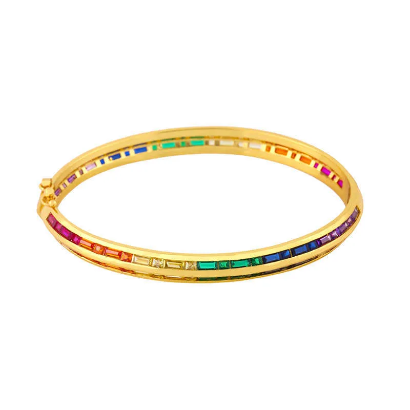 Flola Multicolor Crystal Cuff Bangle Bracelet for Women Adjustable Gold Bangles Cz Rainbow Zirconia Luxury Jewelry Gifts Brtc45 Q0720