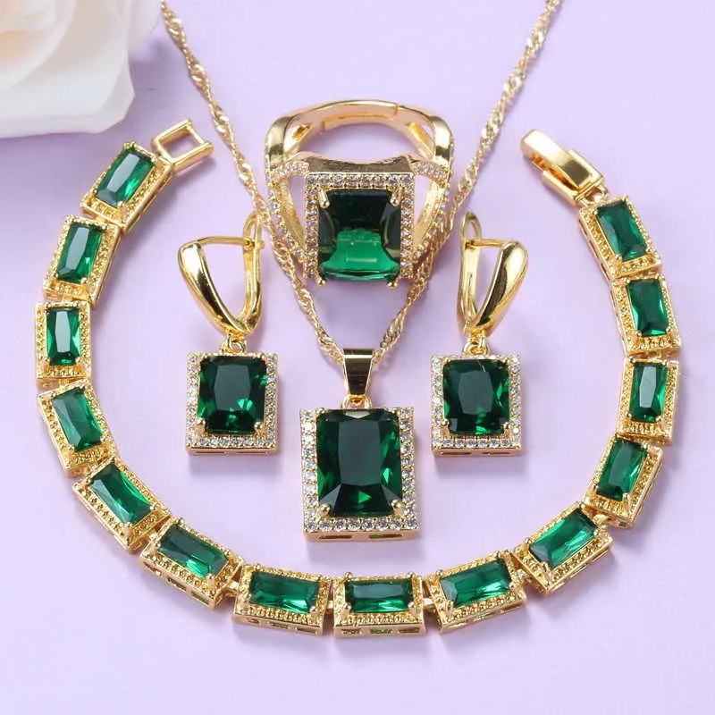 Yellow Gold-Color Luxury Women Green Jewelry Set With Cubic Zirconia Necklace Sets Bracelet And Ring Wedding Costume H1022