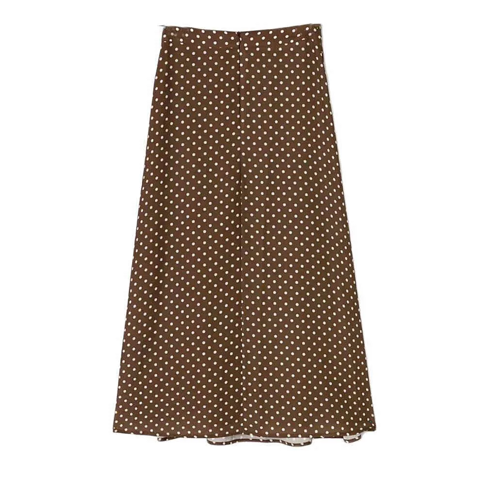 Długa spódnica Kobiety Elegancka Biały Dot Drukuj Midi Spódnice Damskie Lato Szyfonowa Brown Girl Spódnica Vintage High-Paisted 210520