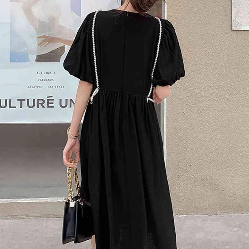 Mode d'été Femmes Perles Design Noir Coton Robes O-Cou Puff Manches Street Loisirs Lady Longueur Au Genou Robe Lâche 210417