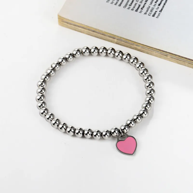 Classique design bleu clair et rose émail cardiaque bracelet de perle bracelet de perle de haute qualité en acier titane bijoux amour bracelet femme