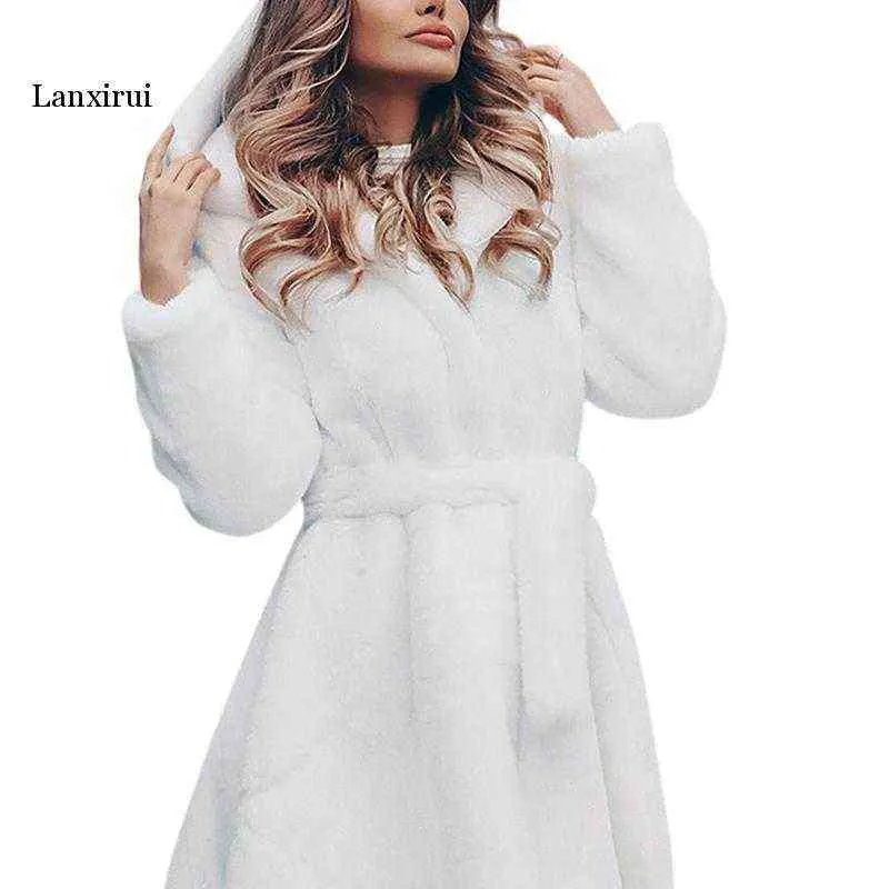 Manteau de fausse fourrure long hiver épaissir manteau blanc à lacets couleur unie mince longue peluche fourrure à capuche veste chaude mode 211220