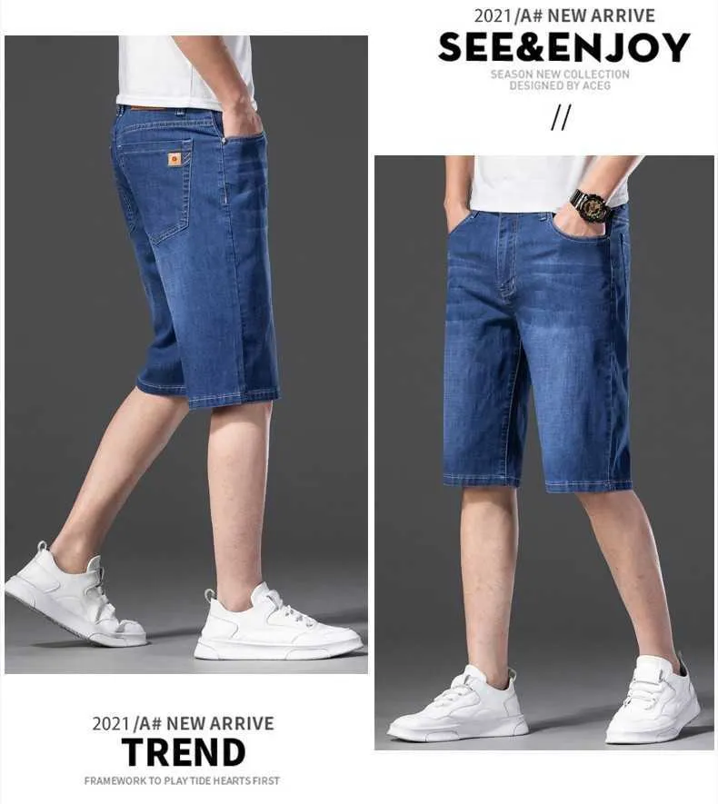 Мужские джинсовые шорты летний стиль тонкий раздел эластичная сила Slim Fit Короткими джинсами мужской бренд одежда синий 210716