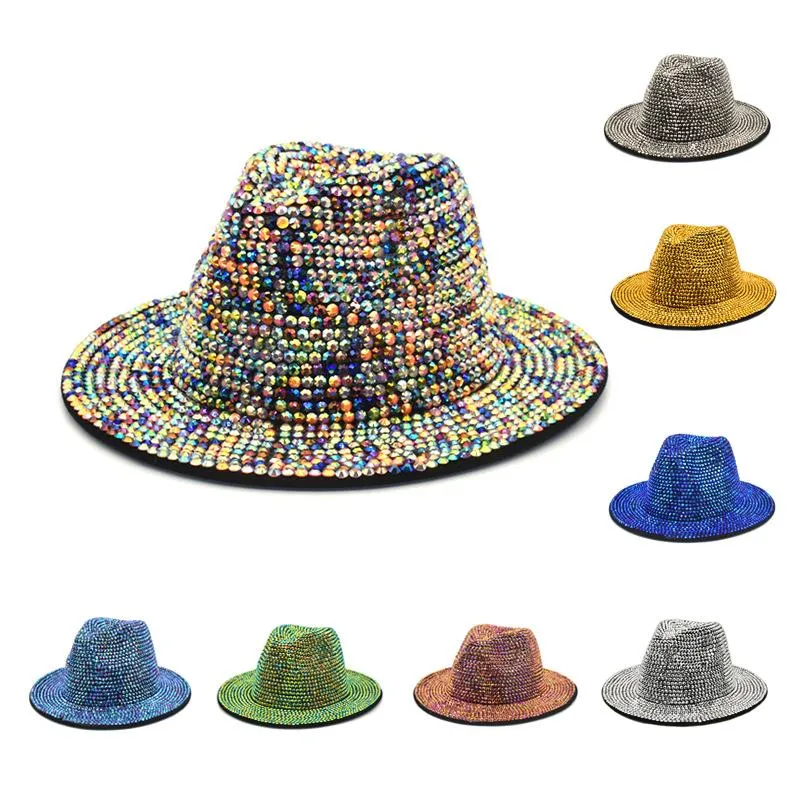 Rhinestone Fedora Hats For Women Men Flat wide Brim Wool Felt Jazz Hats Handmade Bling Studded Party Hat