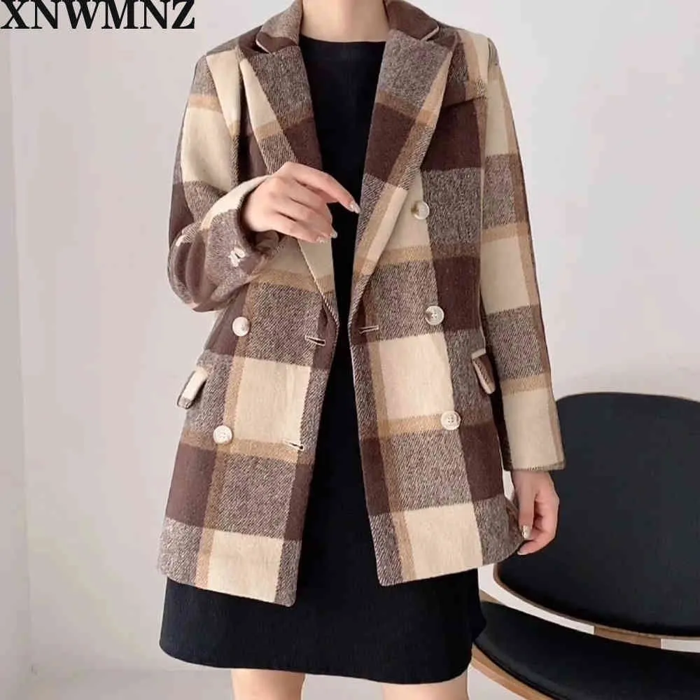 ZA Frauen Vintage Stilvolle Zweireiher Plaid Blazer Mantel Mode Langarm Taschen Büro Tragen Weibliche Oberbekleidung Chic Tops 210510